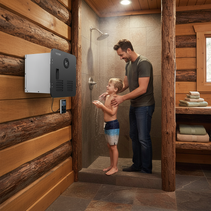 VEVOR RV Tankless Water Heater, Instant Shower with 15 x 15 inches Black Door and Remote Controller, 55000BTU Optimized Comfort Performance Hot Water, Ideal for RVers' Family Everyday Use