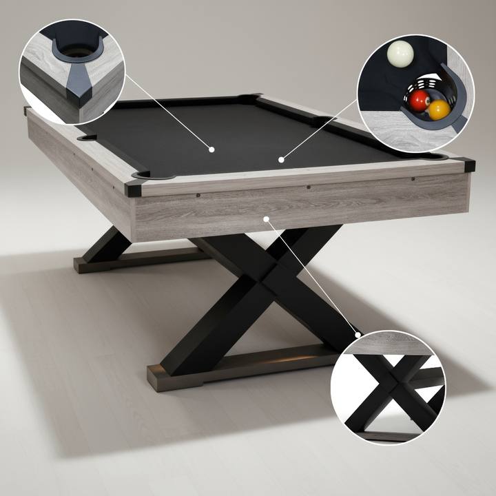 84" Pool Table with Billiard Balls, Cues, Pool Cue Chalk, Cleaning Brush, X-Legs, Black Cloth, Rustic Grey,84.1"L x 46.5"W x 32"H
