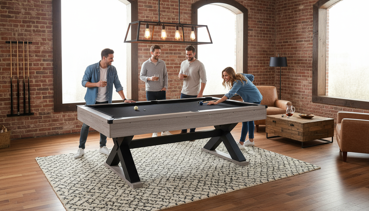 84" Pool Table with Billiard Balls, Cues, Pool Cue Chalk, Cleaning Brush, X-Legs, Black Cloth, Rustic Grey,84.1"L x 46.5"W x 32"H