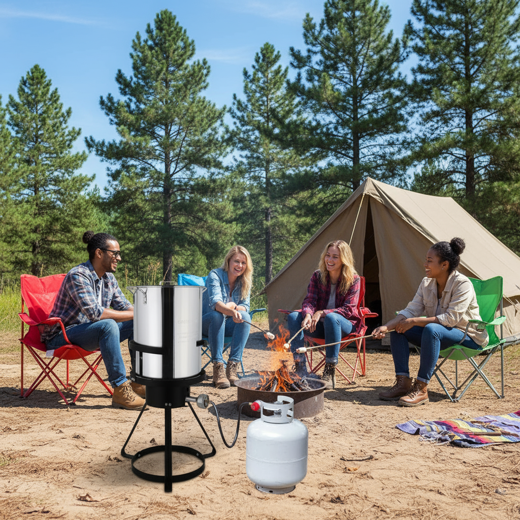 30QT Propane Turkey Fryer Set Silver Aluminum Pot with Black Round Iron Stand Outdoor Gas Deep Fryer Kit for Frying Turkey Seafood and Boiling Crawfish Backyard Cooking Equipment