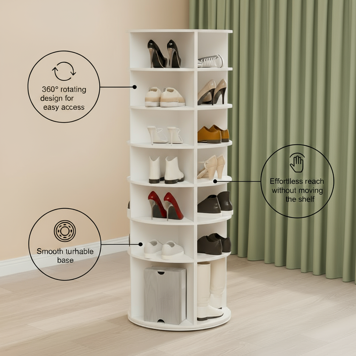 Rotating Shoe Rack Tower – 360° Revolving Shoe Organizer for Modern Homes, 7-Tier Spinning Shoe Stand Fits 28 Pairs, Lazy Susan Spin | Shoe Storage Solution, High Bottom Design | Trufairs