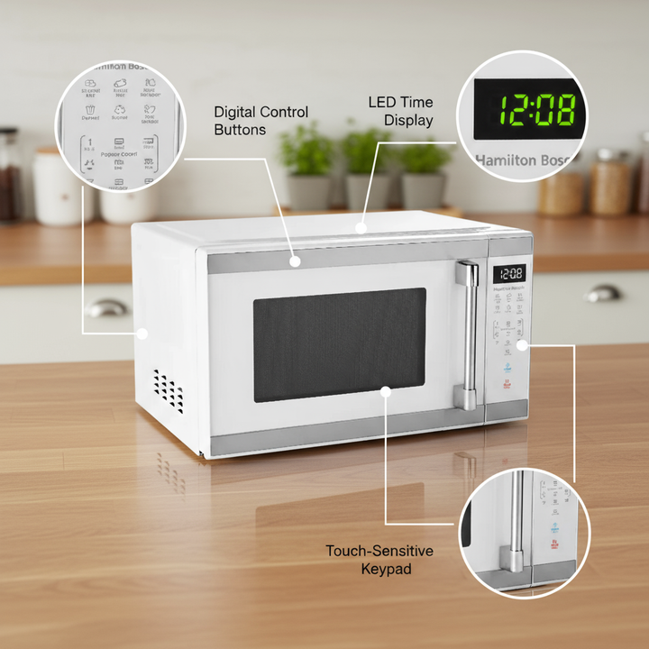Hamilton Beach 1.1 Cu ft Countertop Microwave Oven, White and Stainless Steel