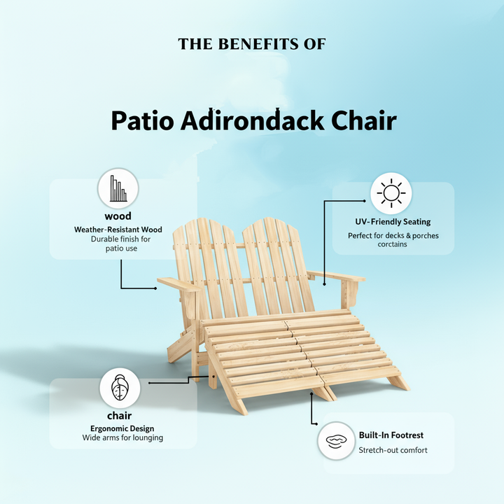 2-Seater Patio Adirondack Chair with Ottoman – Solid Fir Wood | Double Outdoor Lounger Set | Trufairs