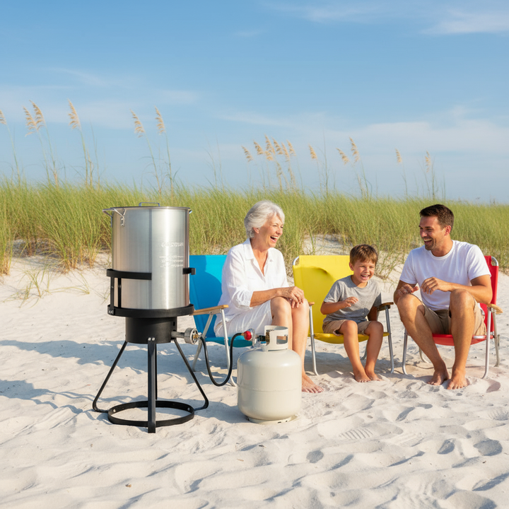 30QT Propane Turkey Fryer Set Silver Aluminum Pot with Black Round Iron Stand Outdoor Gas Deep Fryer Kit for Frying Turkey Seafood and Boiling Crawfish Backyard Cooking Equipment