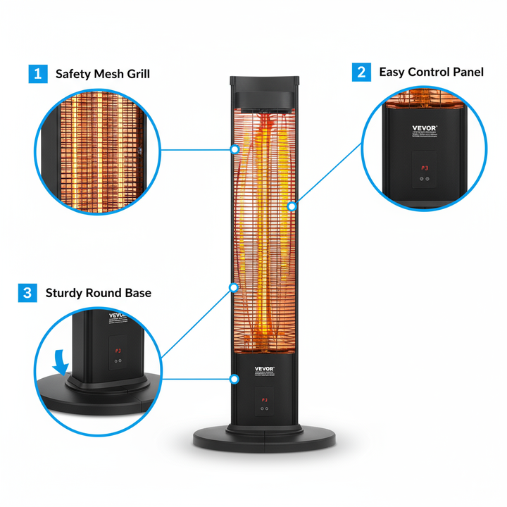 VEVOR Infrared Heater, 1500W Remote Control Electric Space Heater, Patio Heater w/ 3 Speeds & Timer & Tip-Over Protection, Outdoor/Outdoor for Bedroom,Studio,Porch,Dining Room,Studio, Stand,40in L