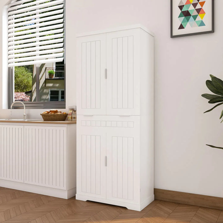 Pantry Cabinet, 71.65" Tall Storage Cabinet with Drawer, 2 Cabinets & 6 Door Shelves, Adjustable Shelves, Freestanding Cupboard for Kitchen, Living Room, Bathroom, Farmhouse Style, White