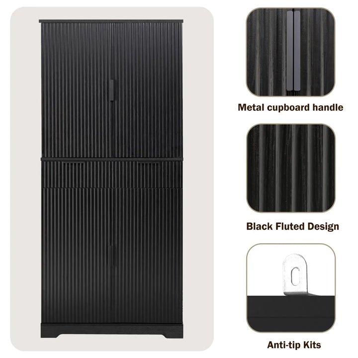 72" Fluted Kitchen Pantry Cabinet with 3 Keyboard Drawers & 6 Door Shelves Adjustable, Freestanding Cupboard Storage Cabinet for for Bathroom Diningroom, Office, Entryway, Black