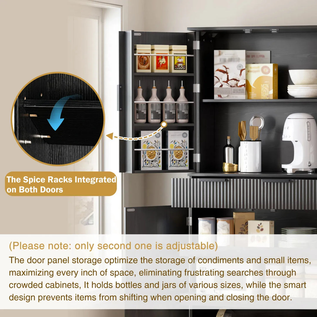 72" Fluted Kitchen Pantry Cabinet with 3 Keyboard Drawers & 6 Door Shelves Adjustable, Freestanding Cupboard Storage Cabinet for for Bathroom Diningroom, Office, Entryway, Black