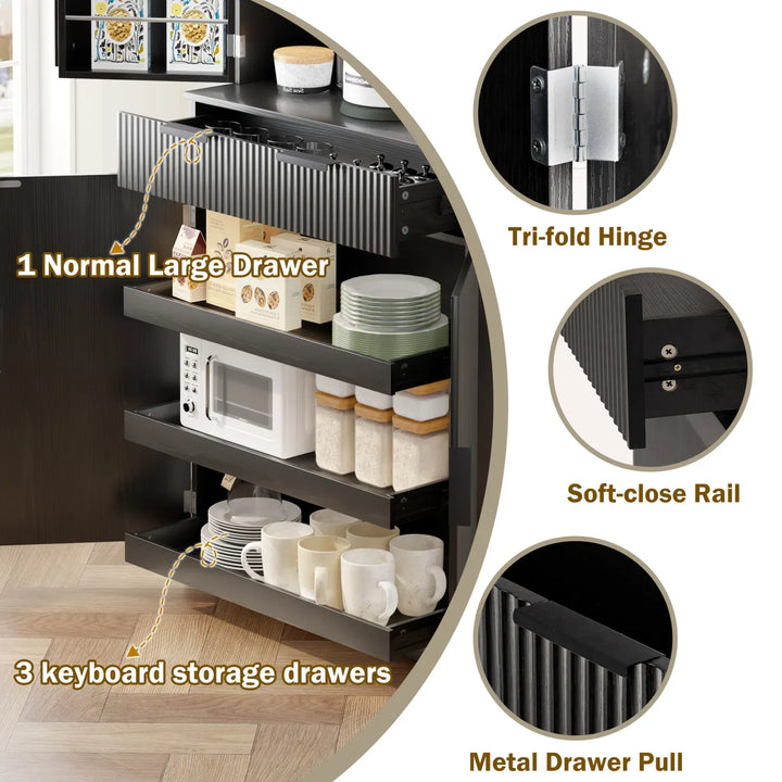 72" Fluted Kitchen Pantry Cabinet with 3 Keyboard Drawers & 6 Door Shelves Adjustable, Freestanding Cupboard Storage Cabinet for for Bathroom Diningroom, Office, Entryway, Black