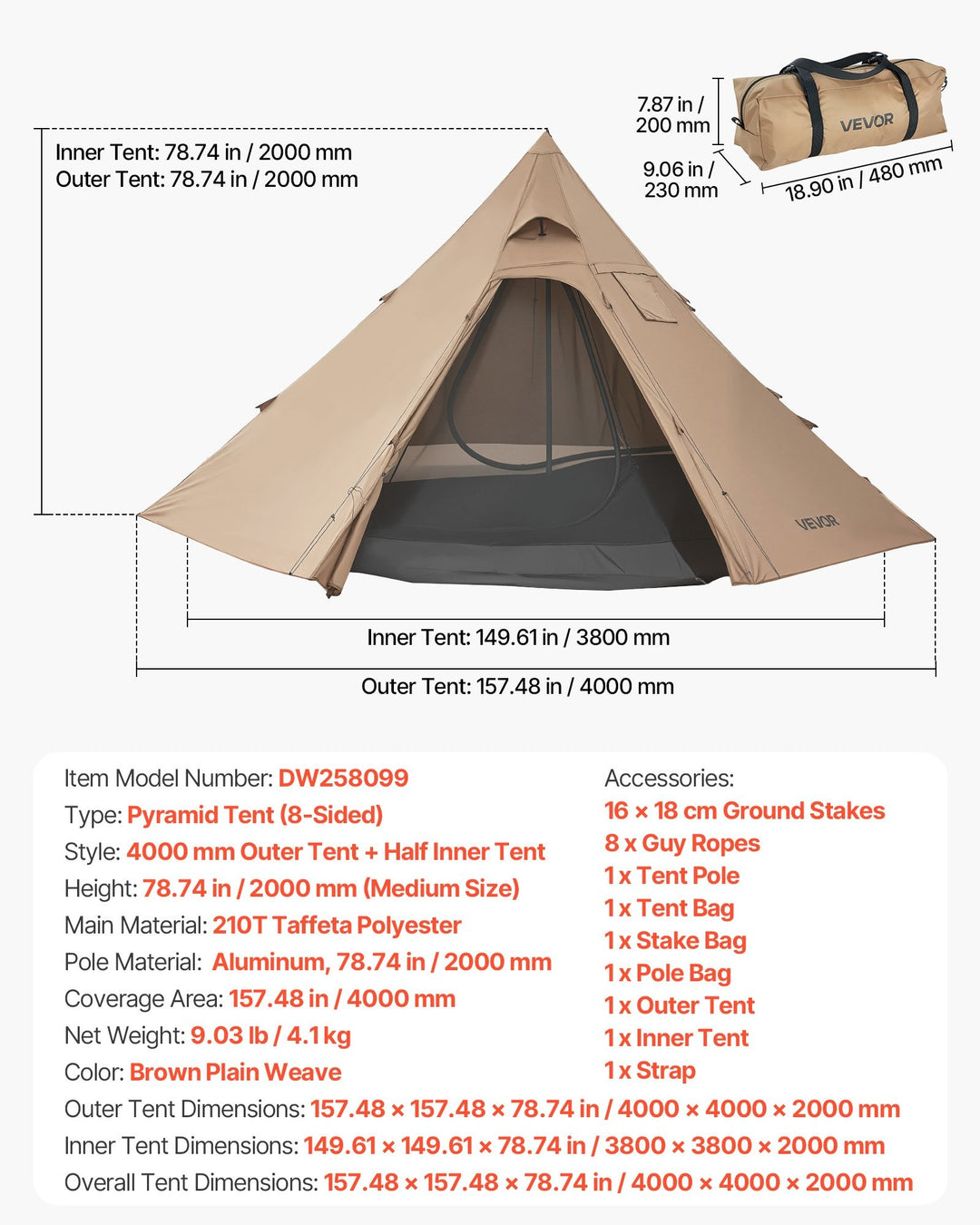VEVOR Camping Hot Tent, 2 Persons Cabin Tent with Stove Jack & Poles, Waterproof Winter Tents Shelters with Fireproof Ground Mat, Portable 4 Season Tents for Hiking Fishing Hunting Backpacking