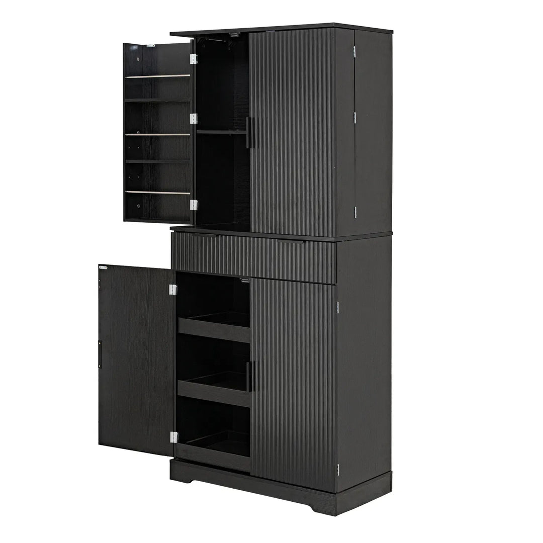 72" Fluted Kitchen Pantry Cabinet with 3 Keyboard Drawers & 6 Door Shelves Adjustable, Freestanding Cupboard Storage Cabinet for for Bathroom Diningroom, Office, Entryway, Black
