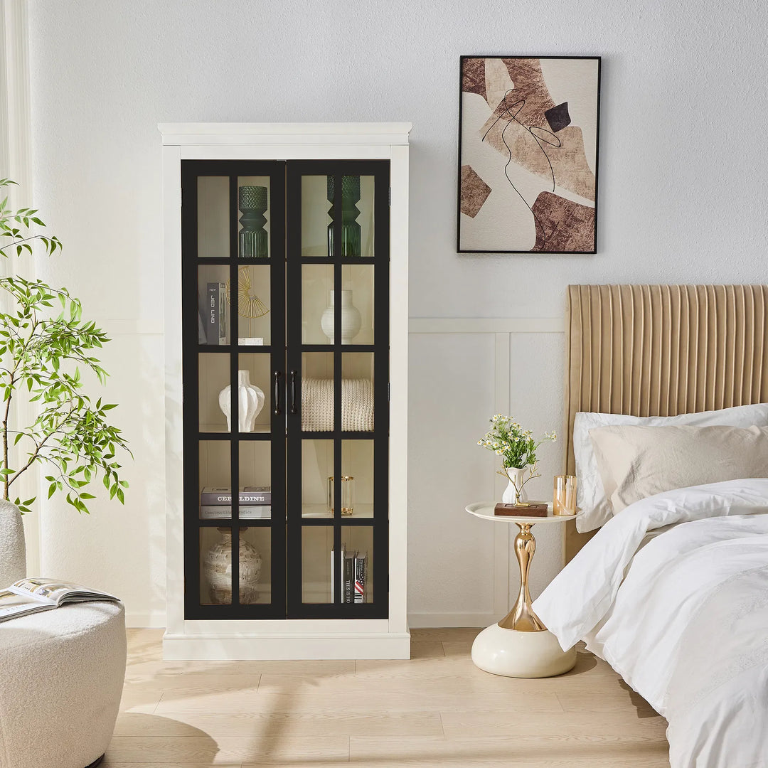 71.2'' Freestanding Pantry Cabinet with Glass Door, Farmhouse Display Cabinets with Storage, Curio Cabinet with Lattice Window for Hallways, Livingroom Kitchen & Office, White & Balck