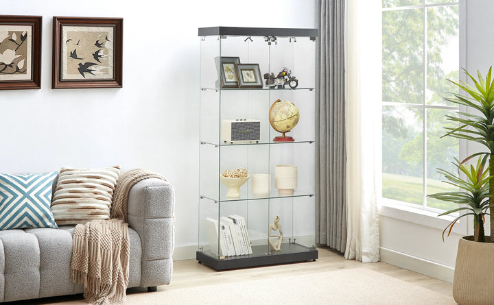 4-Tier Glass Display Cabinet, Double Door Glass Cabinet, Four Partitions, Two Locks, Floor Standing Storage Cabinet for Living Room, Bedroom, Showroom and Office, Black, 31.5"L x 14.2"W x 66.3"H
