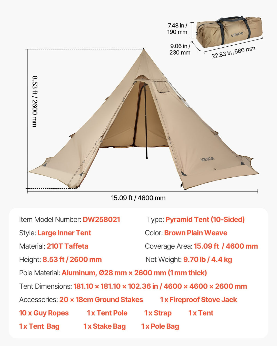 VEVOR Camping Hot Tent, 2 Persons Cabin Tent with Stove Jack & Poles, Waterproof Winter Tents Shelters with Fireproof Ground Mat, Portable 4 Season Tents for Hiking Fishing Hunting Backpacking