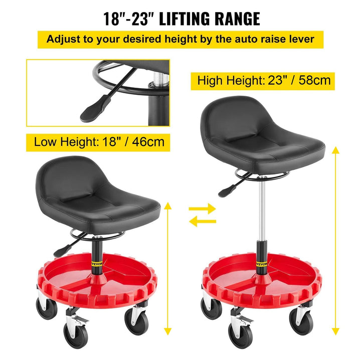 VEVOR Rolling Garage Stool, 300LBS Capacity, Adjustable Height from 18 in to 23 in, 360-degree Swivel Wheels (4\"), Large Tool Tray with Two Bottle Holder, for Workshop, Auto Repair Shop, Red