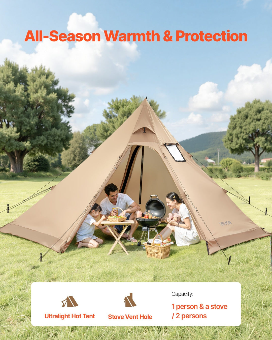 VEVOR Camping Hot Tent, 2 Persons Cabin Tent with Stove Jack & Poles, Waterproof Winter Tents Shelters with Fireproof Ground Mat, Portable 4 Season Tents for Hiking Fishing Hunting Backpacking