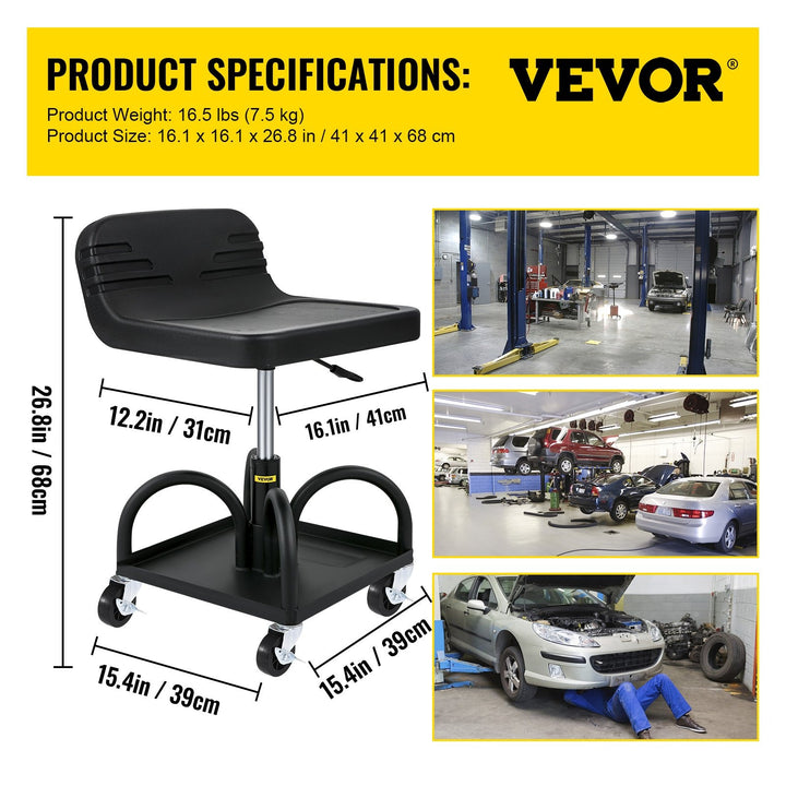 VEVOR Rolling Garage Stool, 300LBS Capacity, Adjustable Height from 18 in to 23 in, 360-degree Swivel Wheels (4\"), Large Tool Tray with Two Bottle Holder, for Workshop, Auto Repair Shop, Red