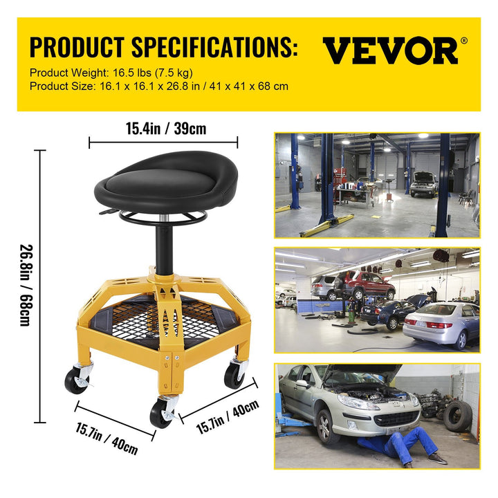 VEVOR Rolling Garage Stool, 300LBS Capacity, Adjustable Height from 18 in to 23 in, 360-degree Swivel Wheels (4\"), Large Tool Tray with Two Bottle Holder, for Workshop, Auto Repair Shop, Red