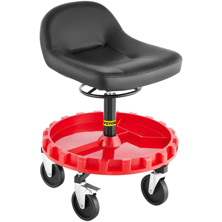 VEVOR Rolling Garage Stool, 300LBS Capacity, Adjustable Height from 18 in to 23 in, 360-degree Swivel Wheels (4\"), Large Tool Tray with Two Bottle Holder, for Workshop, Auto Repair Shop, Red