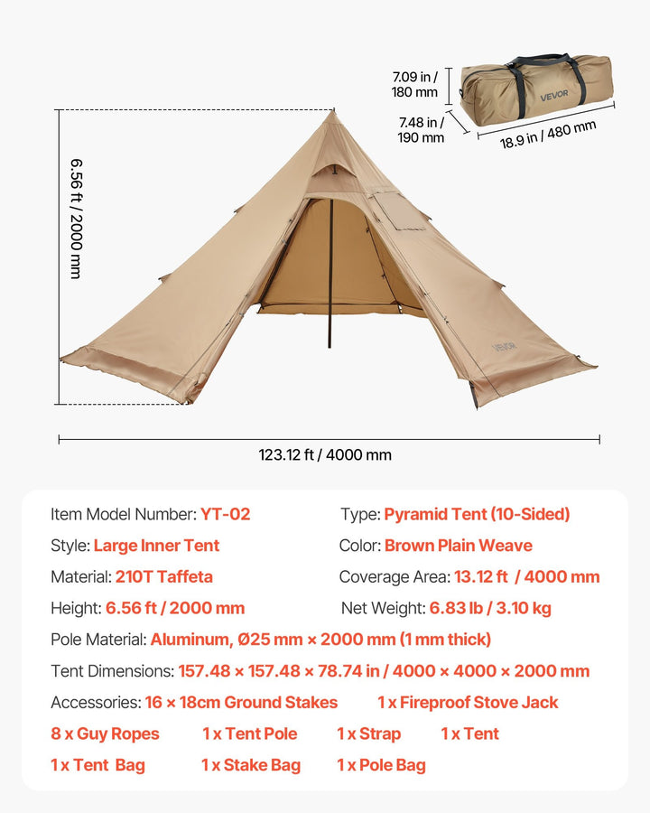 VEVOR Camping Hot Tent, 2 Persons Cabin Tent with Stove Jack & Poles, Waterproof Winter Tents Shelters with Fireproof Ground Mat, Portable 4 Season Tents for Hiking Fishing Hunting Backpacking
