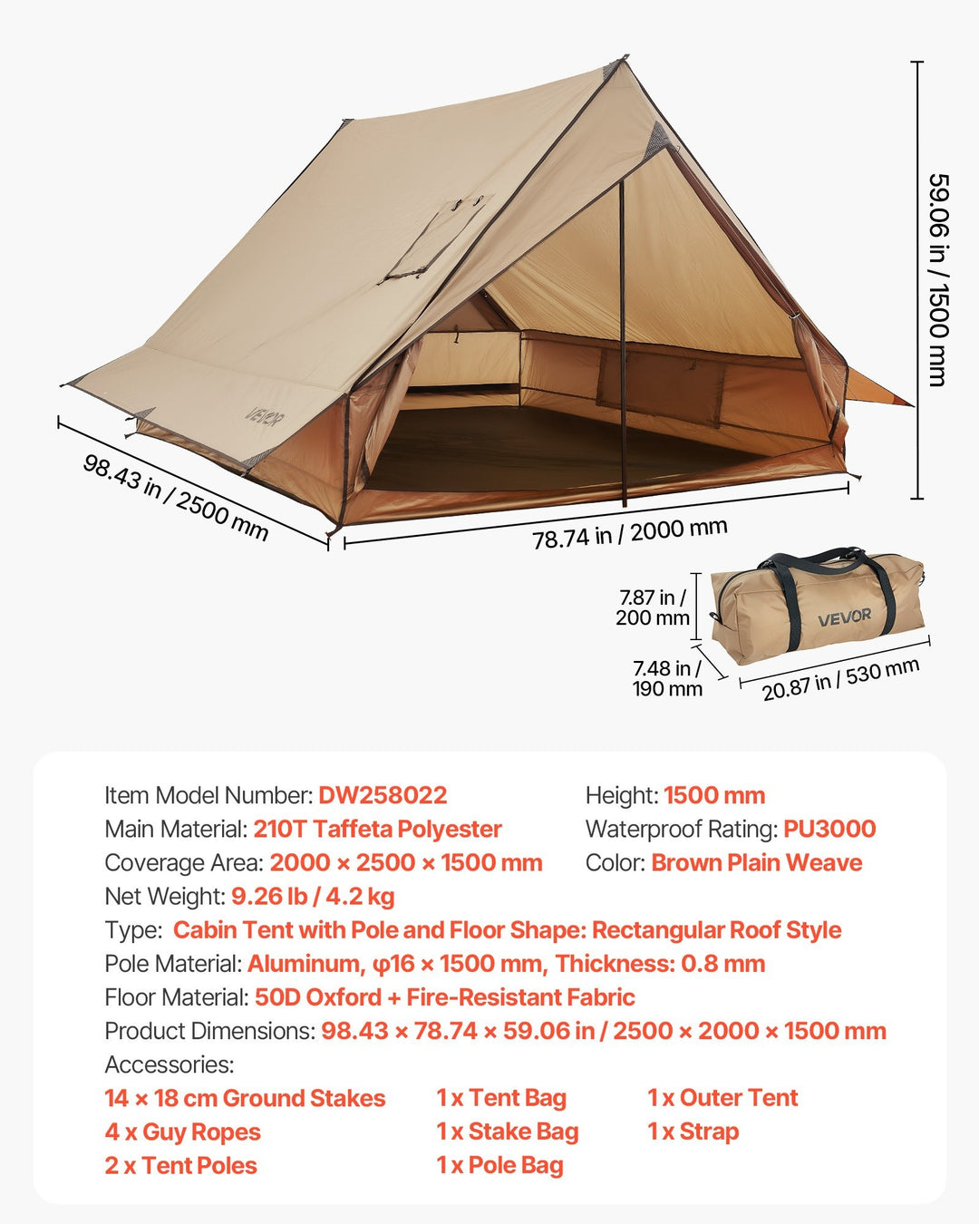 VEVOR Camping Hot Tent, 2 Persons Cabin Tent with Stove Jack & Poles, Waterproof Winter Tents Shelters with Fireproof Ground Mat, Portable 4 Season Tents for Hiking Fishing Hunting Backpacking