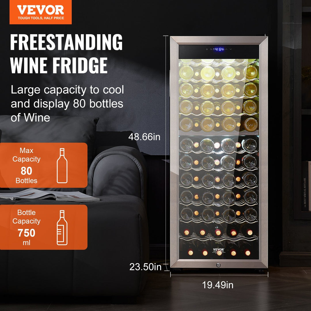 VEVOR 80-Bottle Wine Cooler, Dual Zone & Dual Temperature Wine Fridge, Freestanding Refrigerator with Circulating Air-cooling and Digital Control, Mirrored Glass Door with UV Protection, for Home Bar