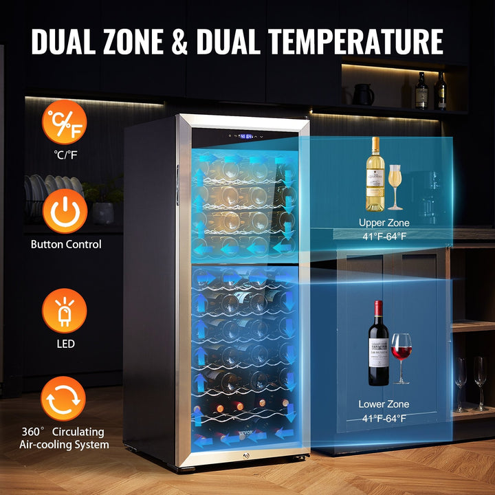 VEVOR 80-Bottle Wine Cooler, Dual Zone & Dual Temperature Wine Fridge, Freestanding Refrigerator with Circulating Air-cooling and Digital Control, Mirrored Glass Door with UV Protection, for Home Bar