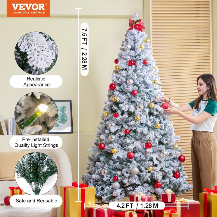 VEVOR Christmas Tree, 6.5ft Prelit Flocked Artificial Tree, Full Holiday Xmas Tree with 250 White LED Lights, 814 Branch Tips, Metal Base for Home Party Office Decoration
