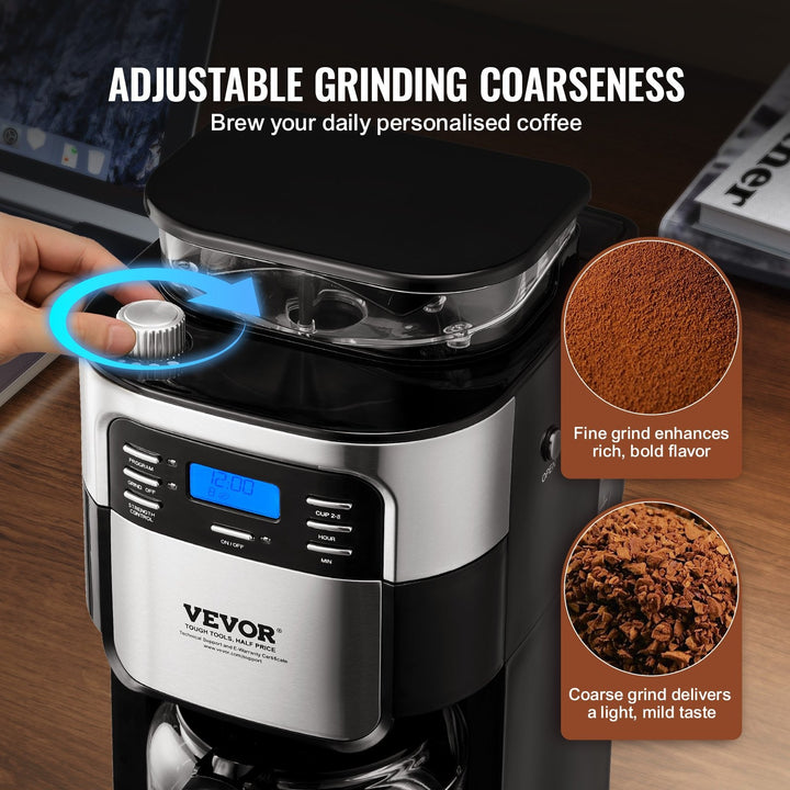 VEVOR Coffee Maker with Grinder, 8 Cup Coffee Machine, Grind and Brew Coffee Maker with 3 Brew Strength Control, 24-Hour Timer for Auto Brew, for Home Office Restaurant