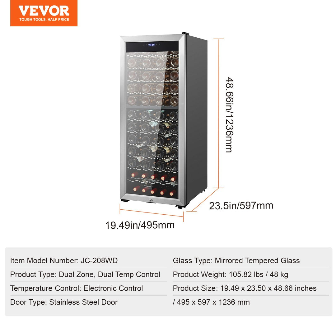VEVOR 80-Bottle Wine Cooler, Dual Zone & Dual Temperature Wine Fridge, Freestanding Refrigerator with Circulating Air-cooling and Digital Control, Mirrored Glass Door with UV Protection, for Home Bar