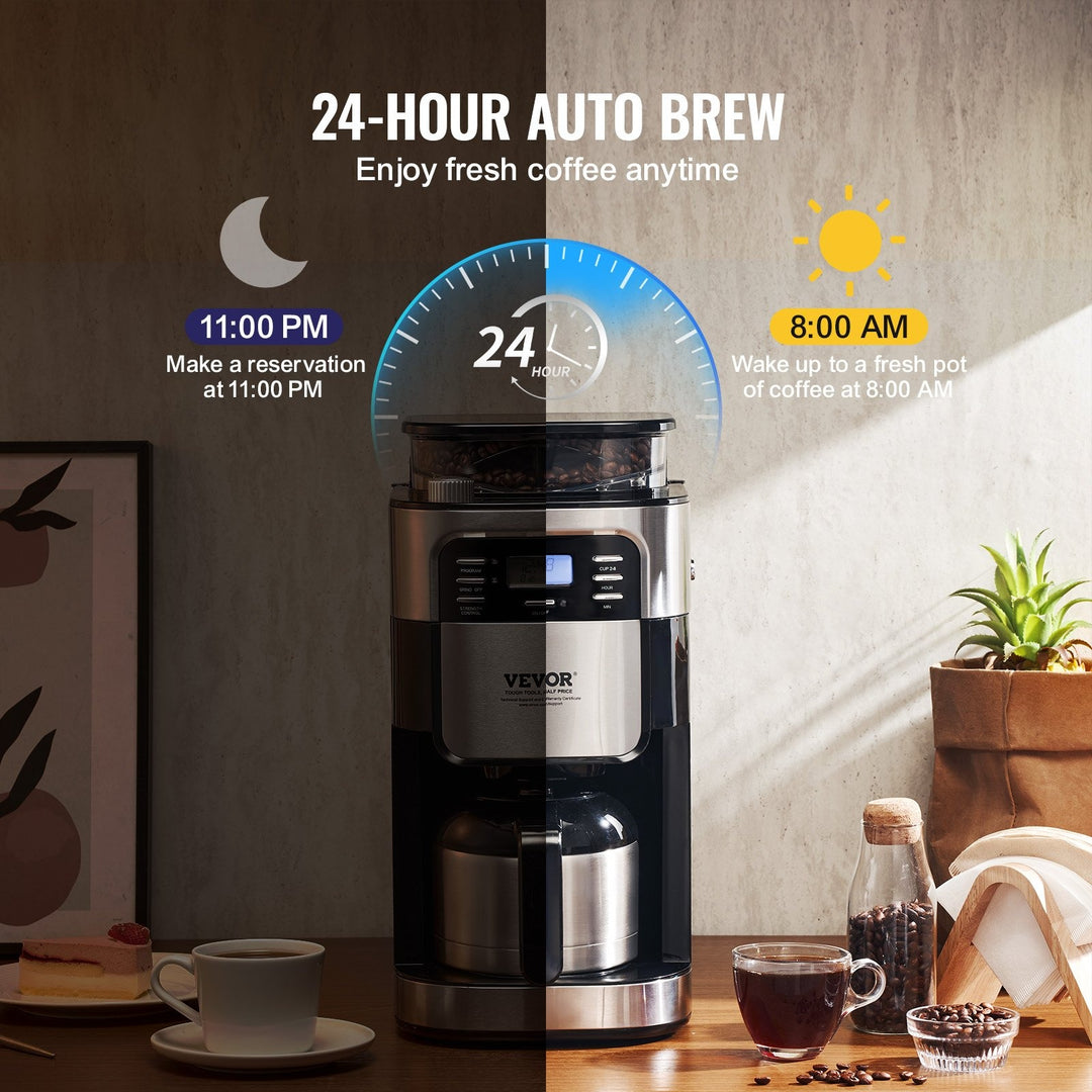 VEVOR Coffee Maker with Grinder, 8 Cup Coffee Machine, Grind and Brew Coffee Maker with 3 Brew Strength Control, 24-Hour Timer for Auto Brew, for Home Office Restaurant