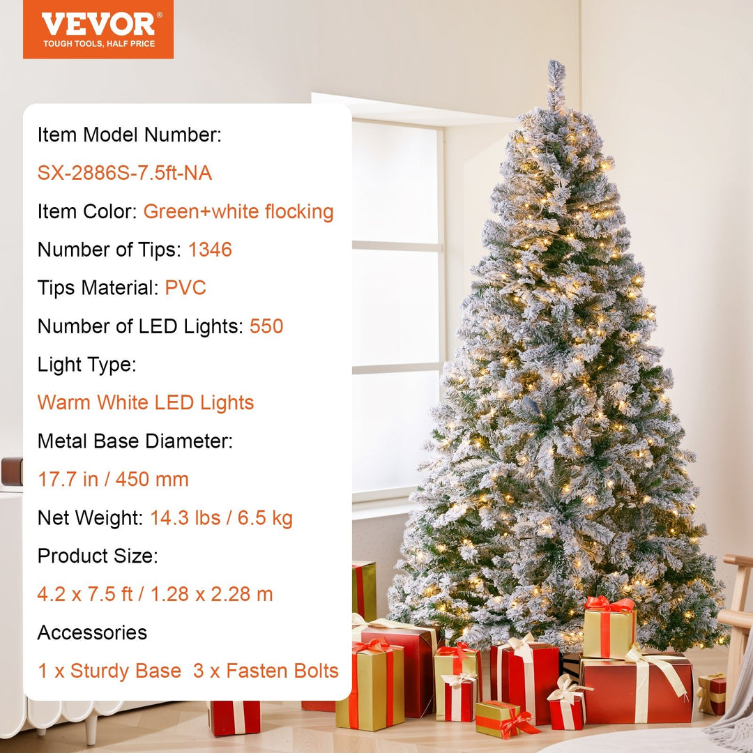 VEVOR Christmas Tree, 6.5ft Prelit Flocked Artificial Tree, Full Holiday Xmas Tree with 250 White LED Lights, 814 Branch Tips, Metal Base for Home Party Office Decoration