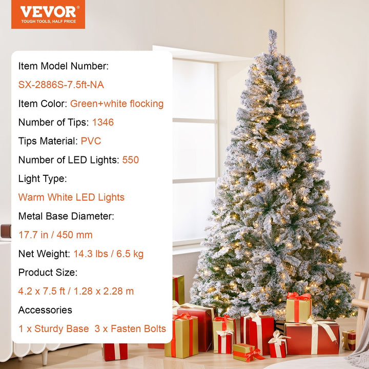 VEVOR Christmas Tree, 6.5ft Prelit Flocked Artificial Tree, Full Holiday Xmas Tree with 250 White LED Lights, 814 Branch Tips, Metal Base for Home Party Office Decoration