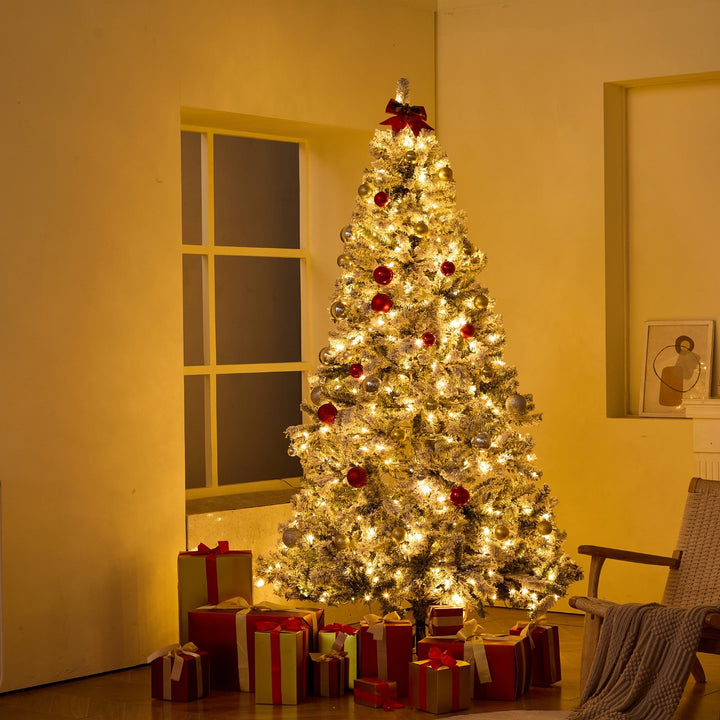 VEVOR Christmas Tree, 6.5ft Prelit Flocked Artificial Tree, Full Holiday Xmas Tree with 250 White LED Lights, 814 Branch Tips, Metal Base for Home Party Office Decoration