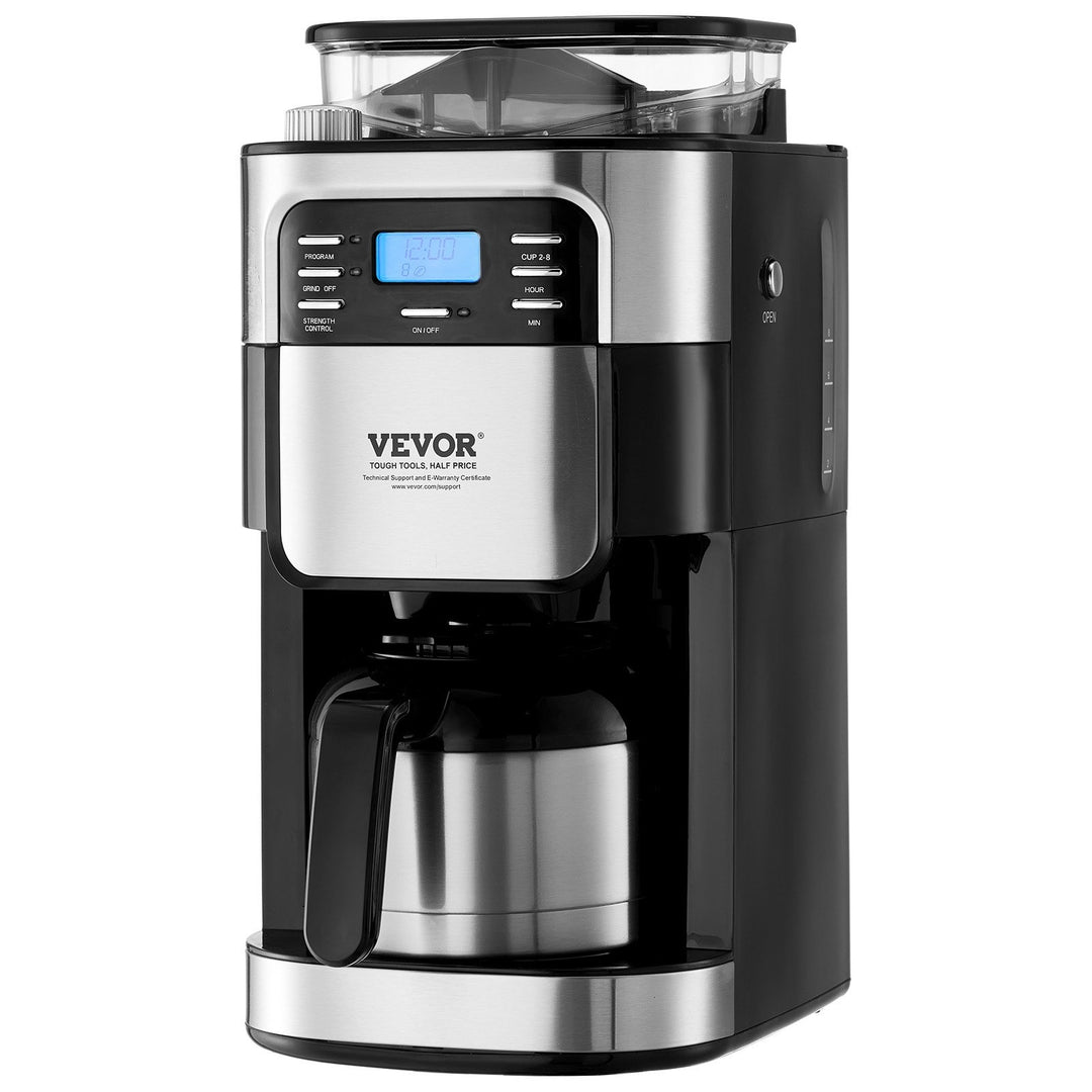 VEVOR Coffee Maker with Grinder, 8 Cup Coffee Machine, Grind and Brew Coffee Maker with 3 Brew Strength Control, 24-Hour Timer for Auto Brew, for Home Office Restaurant