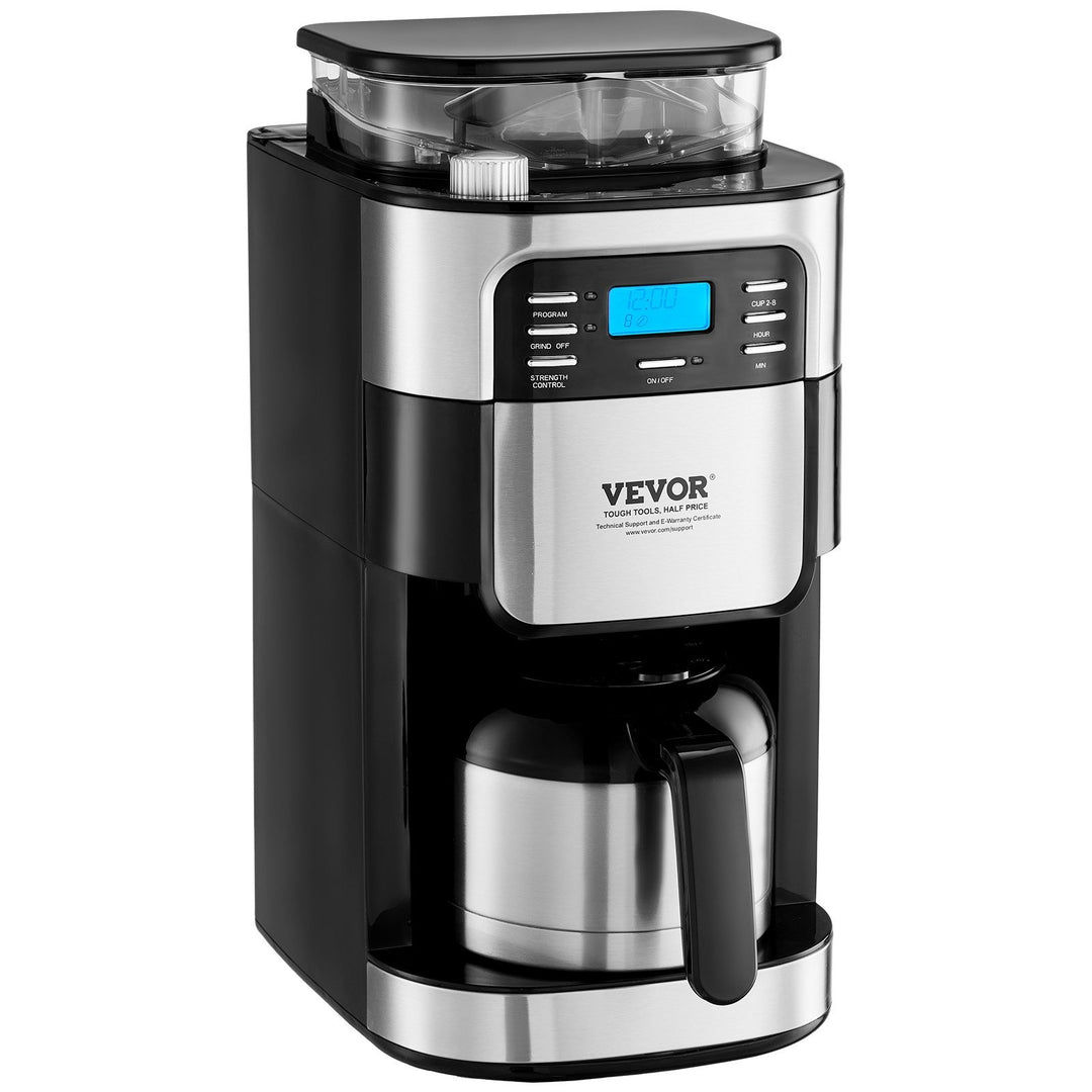 VEVOR Coffee Maker with Grinder, 8 Cup Coffee Machine, Grind and Brew Coffee Maker with 3 Brew Strength Control, 24-Hour Timer for Auto Brew, for Home Office Restaurant