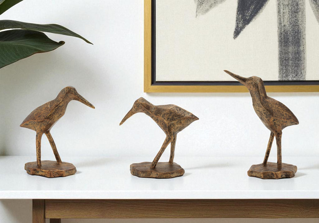 Set of Three Brown And Gold Polyresin Bird Figurine
