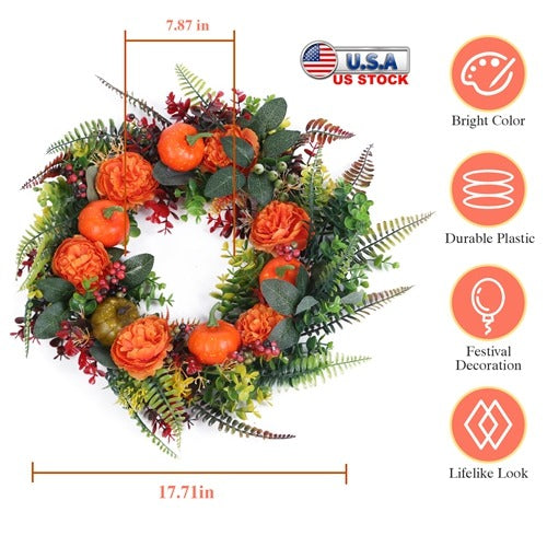 17.71″ Autumn Wreath with Pumpkin & Berries – Fall Door Decor | Trufairs