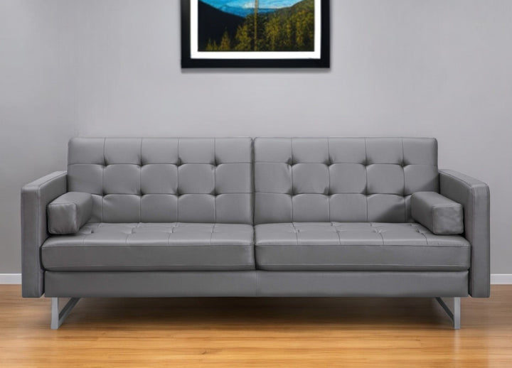 Elegant 80" Gray Faux Leather Sleeper Sofa with Silver Legs - Contemporary Comfort & Style