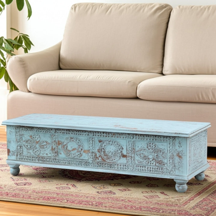 NEW 54" Aqua Carved And Distressed Solid Wood Lift Top Coffee Table