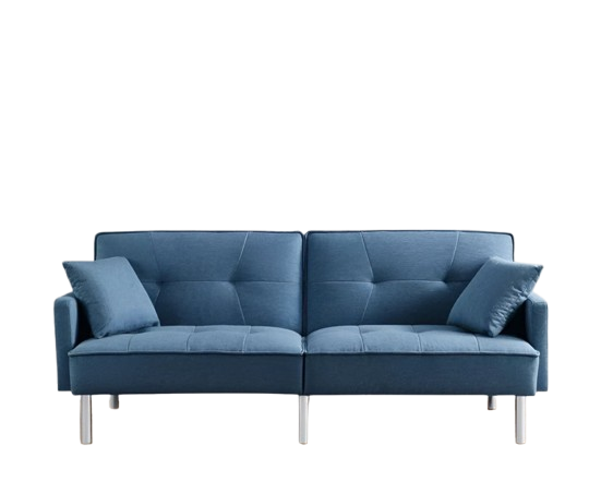 85" Blue Polyester Blend Convertible Futon Sleeper Sofa And Toss Pillows With Silver Legs