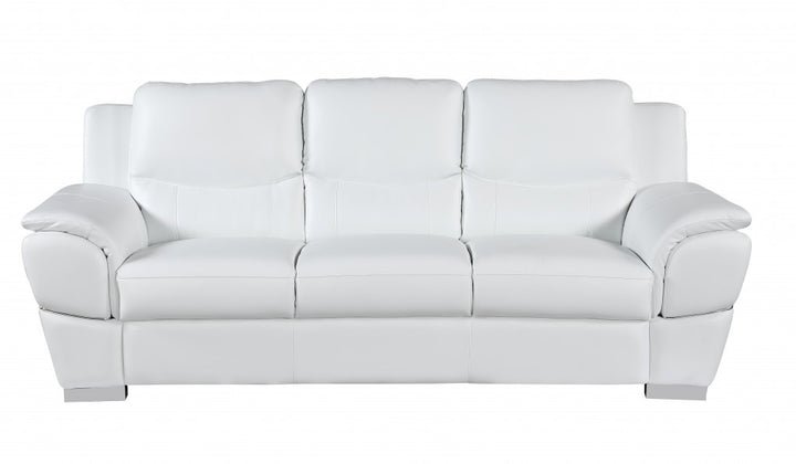 85" White Leather Sofa With Silver Legs