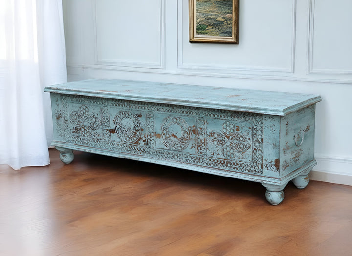 NEW 54" Aqua Carved And Distressed Solid Wood Lift Top Coffee Table