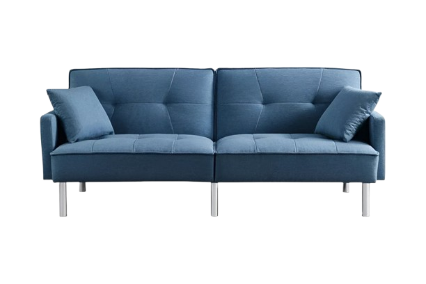 85" Blue Polyester Blend Convertible Futon Sleeper Sofa And Toss Pillows With Silver Legs