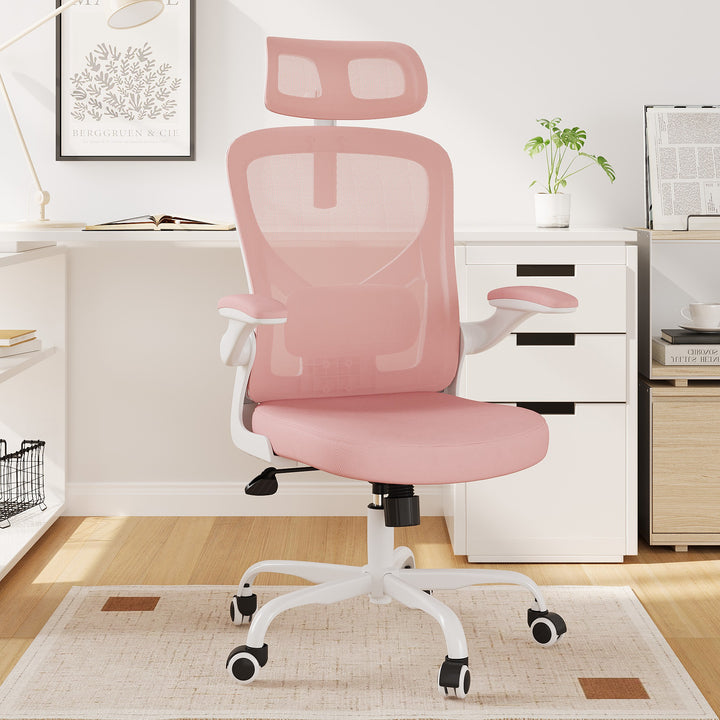 ErgoBliss Pink Mesh Ergonomic Office Chair – Flip-Up Arms, Lumbar Support, Headrest