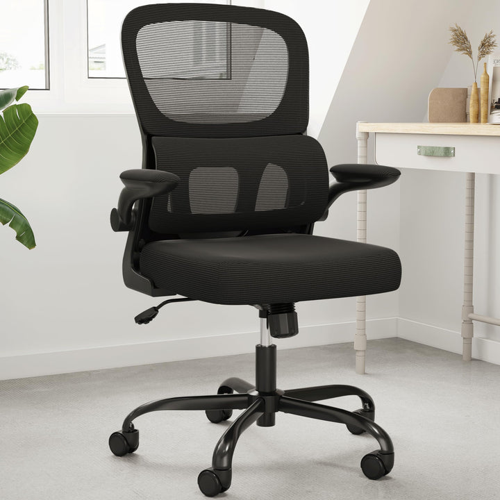 Ergonomic Office Chair Home Computer Desk Chair with Lumbar Support Breathable Mesh Seat Flip-Up Armrest Adjustable Height Swivel Rolling Chair Black