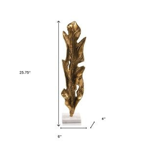 26" Antiqued Gold And White Aluminum And Marble Leaf Tabletop Sculpture