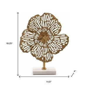 18" Antiqued Gold And White Aluminum And Marble Flowers Abstract Tabletop Sculpture