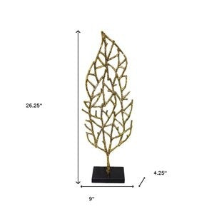 26" Gold And Black Aluminum And Marble Leaf Tabletop Sculpture