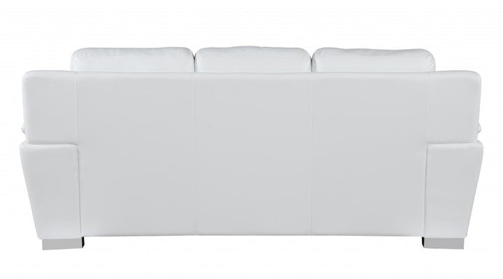 85" White Leather Sofa With Silver Legs